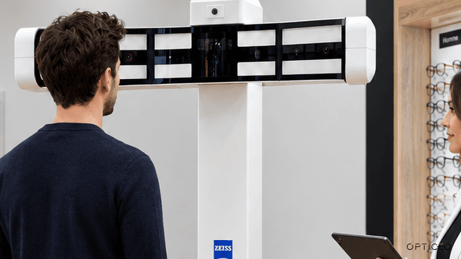 Client et opticienne placés devant le Visufit 1000 de Zeiss chez Opticeo du centre commercial Carrefour d'Angoulins